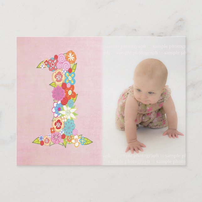 Baby Girl's 1st Birthday Thank You Photo Postcard (Front)