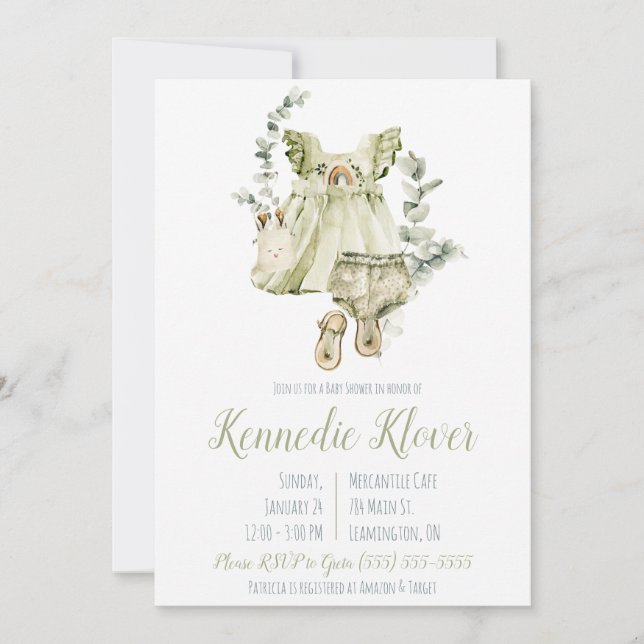 Baby Girl's Dress, Layette, Baby Shower Invitation (Front)