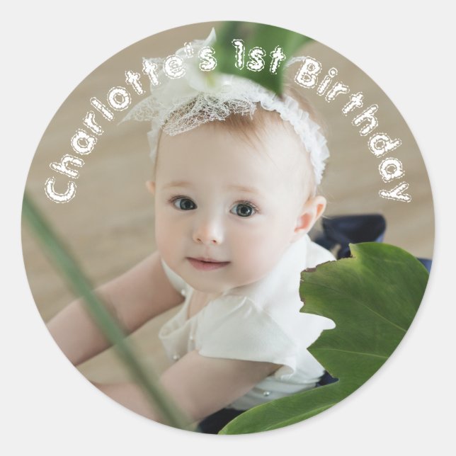 Baby Girls First Birthday Name And Photo Classic Round Sticker (Front)