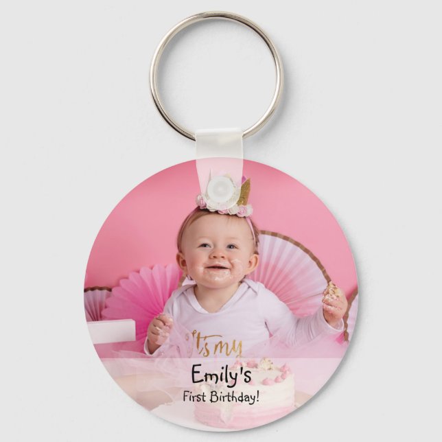 Baby girl's first birthday photo and name keychain (Front)