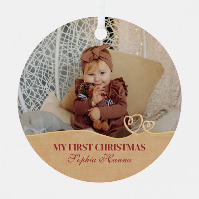 Baby Girl's First Christmas Birth Stats & Photo Metal Ornament (Front)