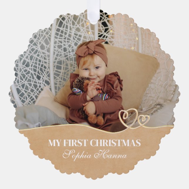 Baby Girl's First Christmas Birth Stats & Photo Ornament Card (Front)