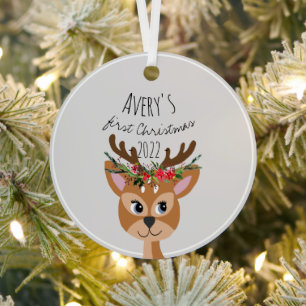 Baby Girls First Christmas Festive Reindeer & Name Metal Ornament