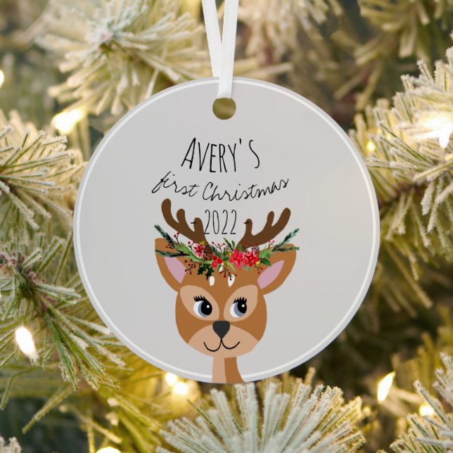 Baby Girls First Christmas Festive Reindeer & Name Metal Ornament (Insitu)