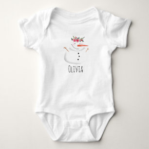 Baby Girls First Christmas Flower Snowman and Name Bodysuit