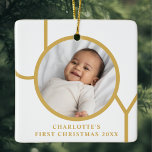 Baby Girl's First Christmas Photo Ceramic Ornament<br><div class="desc">This simple Baby Girl's First Christmas Photo Ornament is decorated with the word JOY in gold on a white background.
Easily customizable with your photo,  name,  and year.</div>