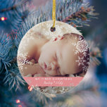 Baby Girl's First Christmas Snowflakes Pink Glass Ornament<br><div class="desc">This sweet design features white and silver glitter snowflakes with space for one photo to commemorate Baby's 1st Christmas! The collection of coordinating products is available in our shop, zazzle.com/store/doodlelulu. Contact us if you need this design applied to a specific product to create your own unique matching item! Thank you...</div>