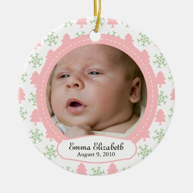 Baby Girl's First Christmas - Tree & Snowflake Ceramic Ornament (Front)