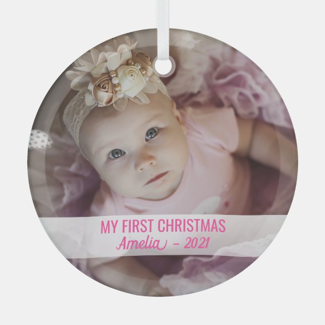 Baby girl's first Christmas with name cute photo G Glass Ornament (Front)