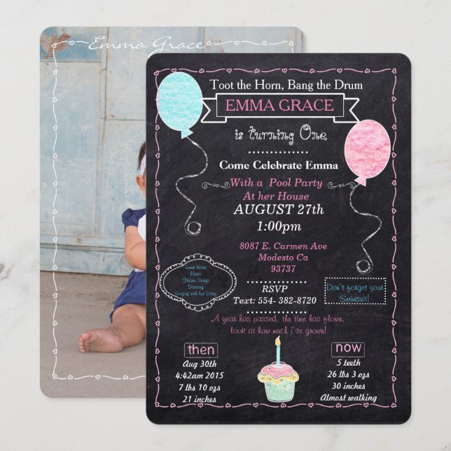 Baby Girls One year Party Invitation (Front/Back)