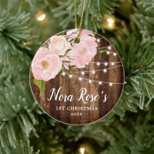 Baby Girl's Personalized 1st Christmas Wood Floral Ceramic Ornament