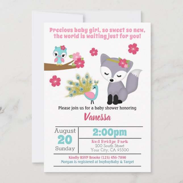 Baby Girls Renard rose Baby shower Invitation (Devant)
