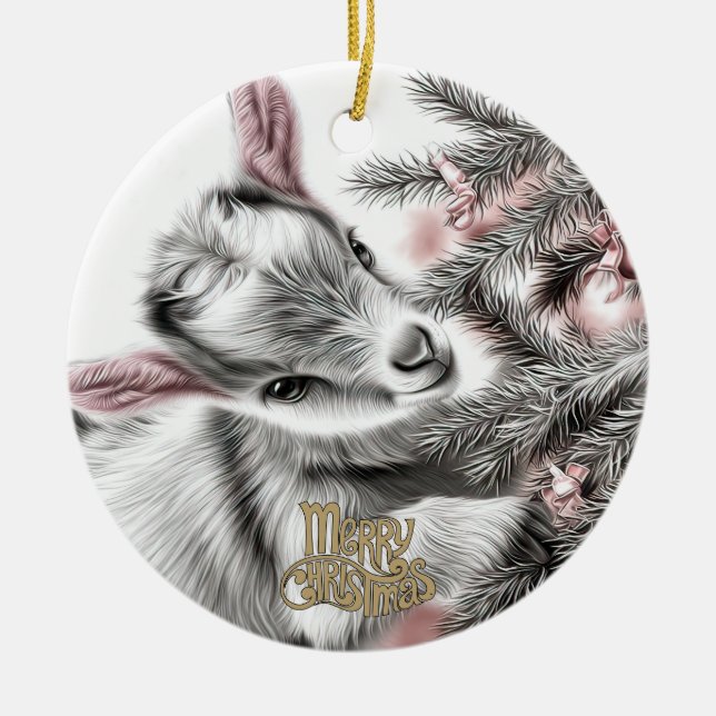 Baby Goat Christmas 5 and YOUR PHOTO Ceramic Ornament (Front)
