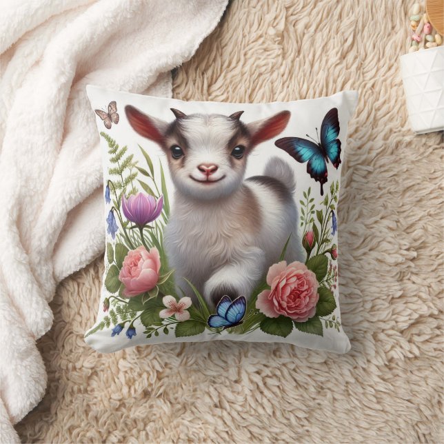 Baby Goat With Colourful Butterflies and Flowers Throw Pillow (Blanket)