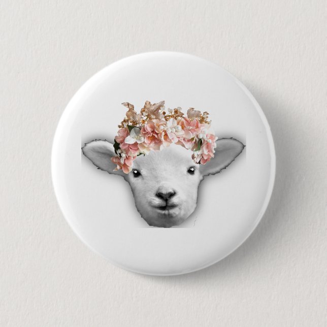 Baby goat with flower crown 2 inch round button (Front)