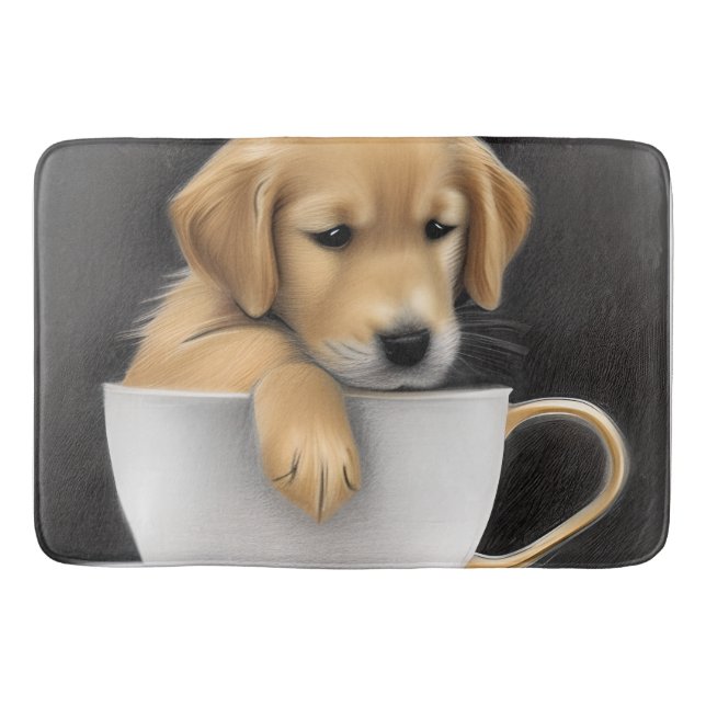 Baby Golden Retriever in a Tea Cup Graphic Bath Mat (Front)