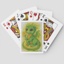 Baby Green Dragon Bringing A Flower Playing Cards