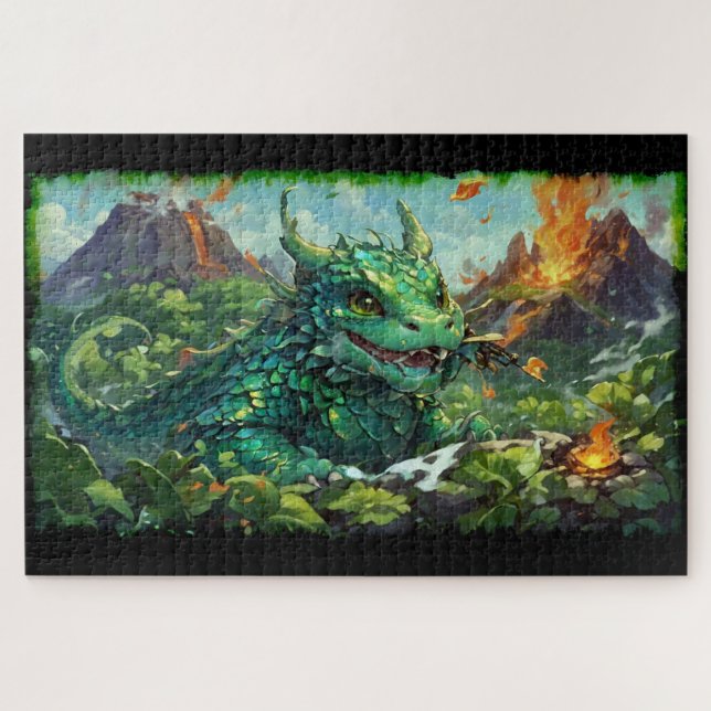 Baby Green Hawaiian Fire Dragon & Volcanoes Jigsaw Puzzle (Horizontal)