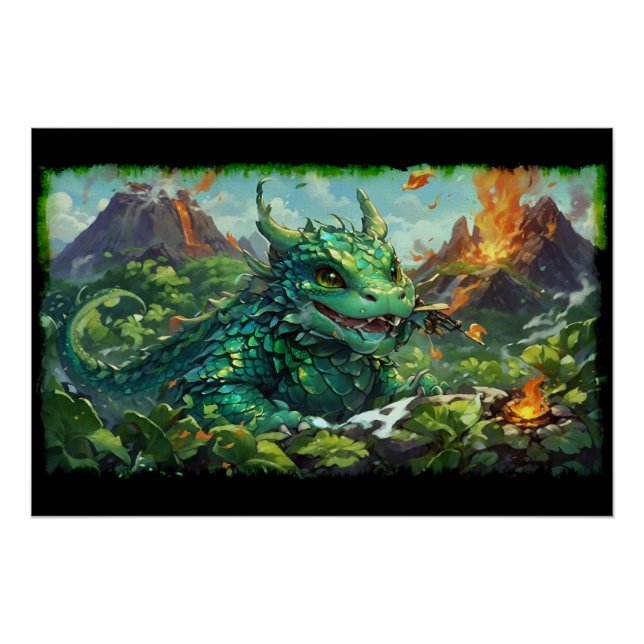 Baby Green Hawaiian Fire Dragon & Volcanoes Poster (Front)