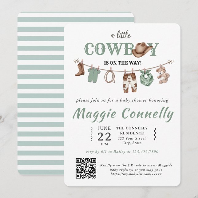 Baby Green Little Cowboy is on the Way Invitation (Front/Back)