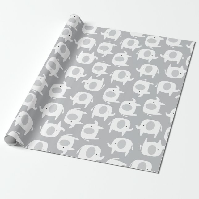 Baby Grey and White Elephants Wrapping Paper (Unrolled)