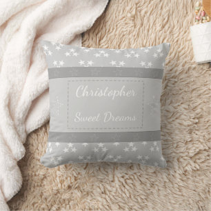 Baby grey and white with stars and a name throw pillow
