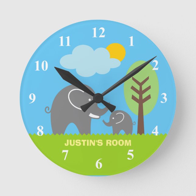 Baby grey elephant nursery wall clock for kids (Front)