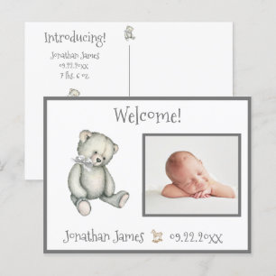 Baby Grey Neutral Typography Name Stats Announcement Postcard