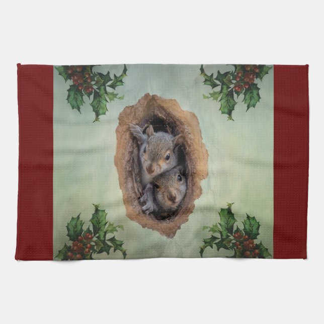 Baby Grey Squirrels Christmas Kitchen Towel (Horizontal)