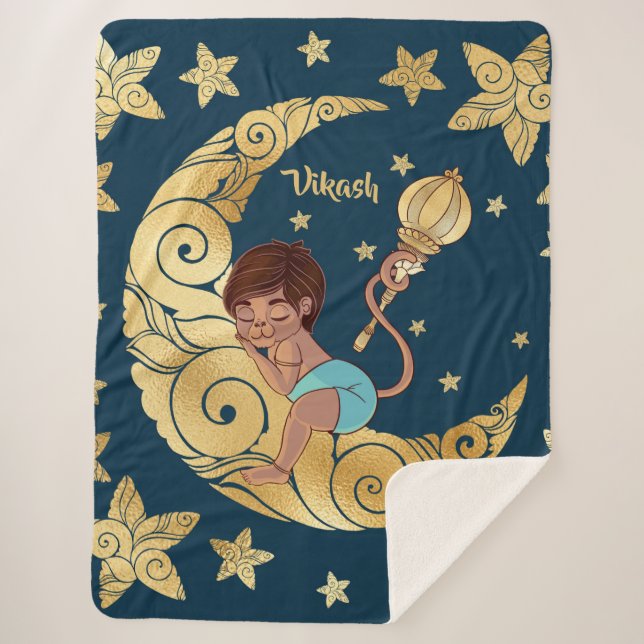 Baby Hanuman sleeping on the moon between the star Sherpa Blanket (Front)