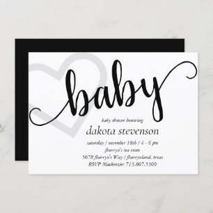 Baby Heart   Classic Black Script Shower or Reveal Invitation