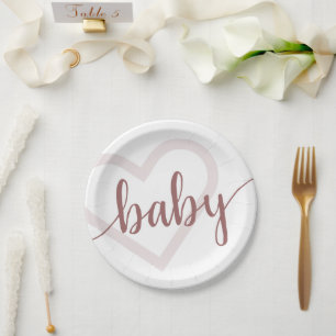 Baby Heart   Desert Rose Taupe Flourish Script Paper Plate