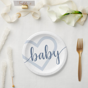 Baby Heart   Dusty Slate Blue Flourish Script Paper Plate