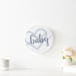 Baby Heart Dusty Slate Blue Flourish Script Round Clock