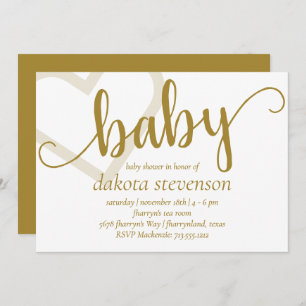 Baby Heart   Elegant Gold Script Shower or Reveal Invitation