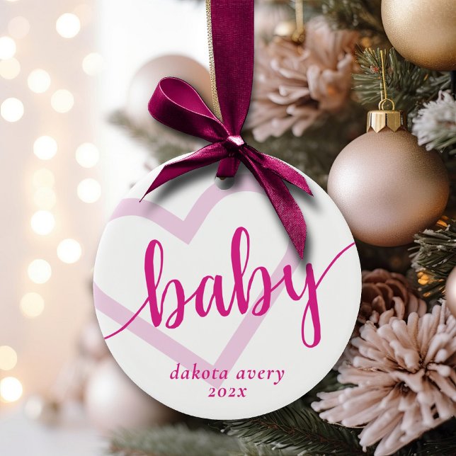 Baby Heart | Hot Pink Magenta Flourish Script Ceramic Ornament (Creator Uploaded)