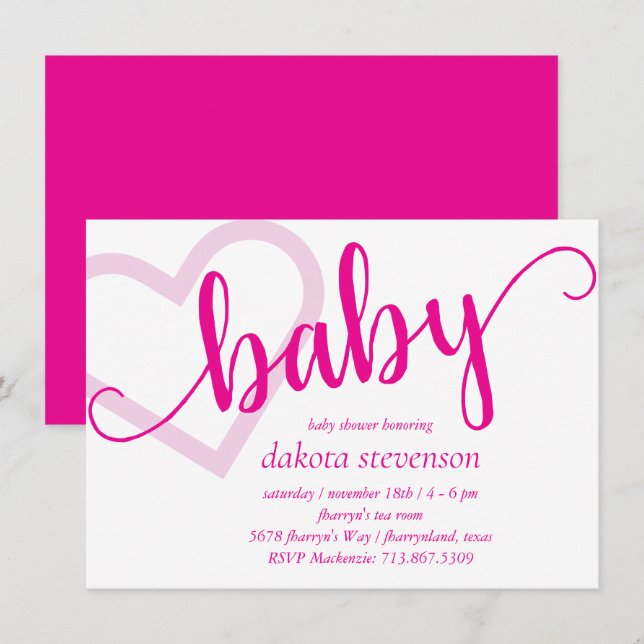 Baby Heart | Hot Pink Magenta Shower or Reveal Invitation (Front/Back)