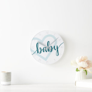 Baby Heart Teal Dark Midnight Green Flourish Round Clock