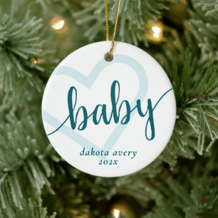 Baby Heart   Teal Midnight Green Flourish Custom Ceramic Ornament