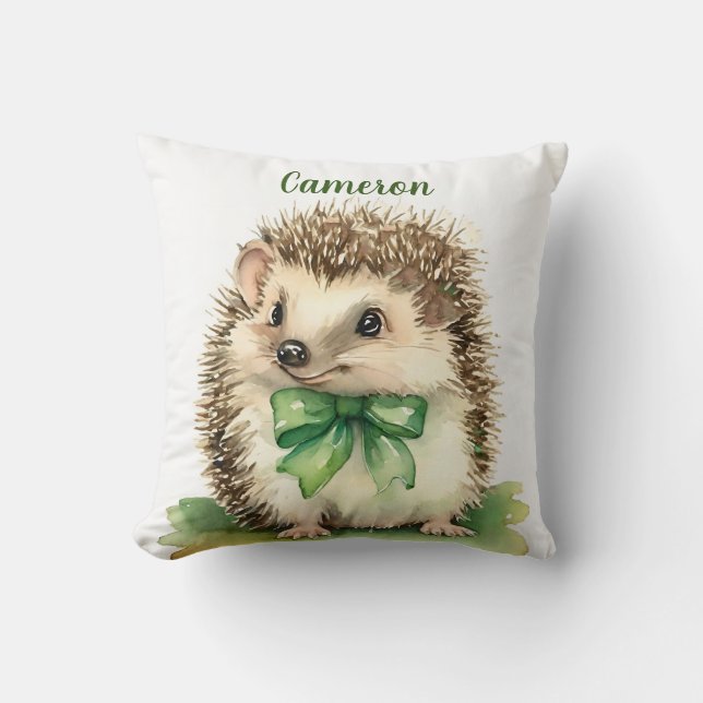 Baby Hedgehog Cute Bow Neutral Personalized Throw Pillow (Front)