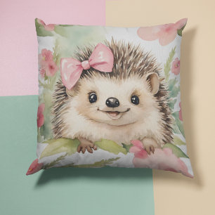 Baby Hedgehog Floral Girls Throw Pillow