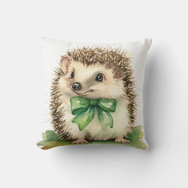 Baby Hedgehog Green Bow Gender Neutral Throw Pillow (Front)