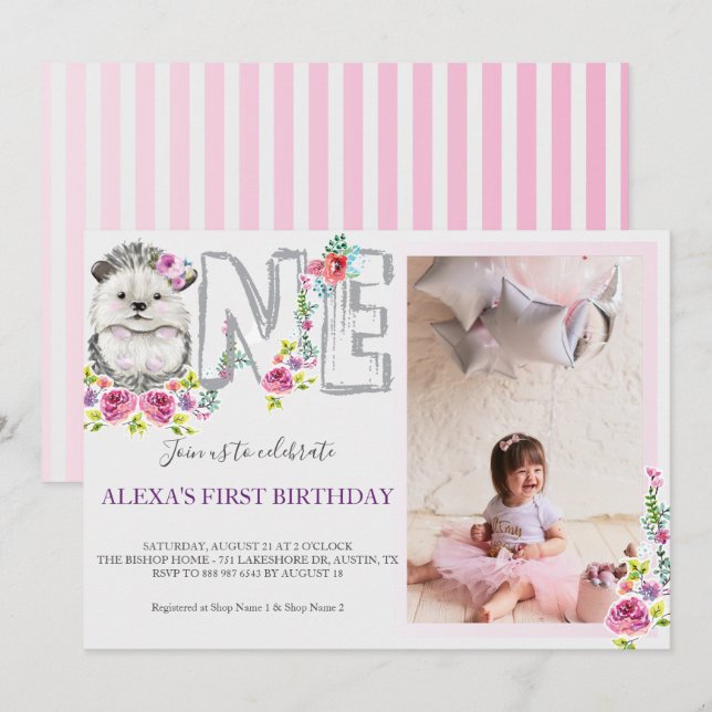 Baby Hedgehog One Birthday Invitation (Front/Back)