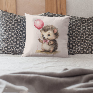 Baby Hedgehog Pink Balloon Girls Throw Pillow