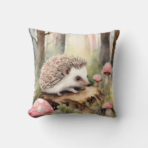 Baby Hedgehog Pink Mushroom Girls Throw Pillow
