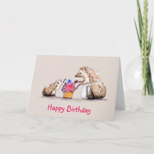 Baby Hedgehog with beetle Birthday cake Card