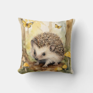 Baby Hedgehog Yellow Mushroom Gender Neutral Throw Pillow
