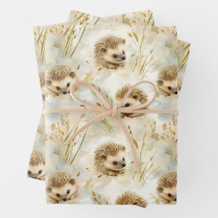 Baby hedgehogs wrapping paper sheet