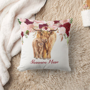 Baby Highland Cow Calf Burgundy Pink Rose Baby  Throw Pillow