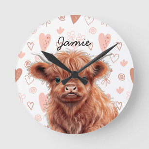 Baby Highland Cow Custom Name  Round Clock